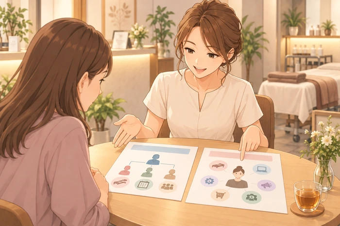 カウンセリングテーブルで女性オーナーが二つの簡易カードを並べ、スタッフが担当する業務と自分が担う業務を比較している画像