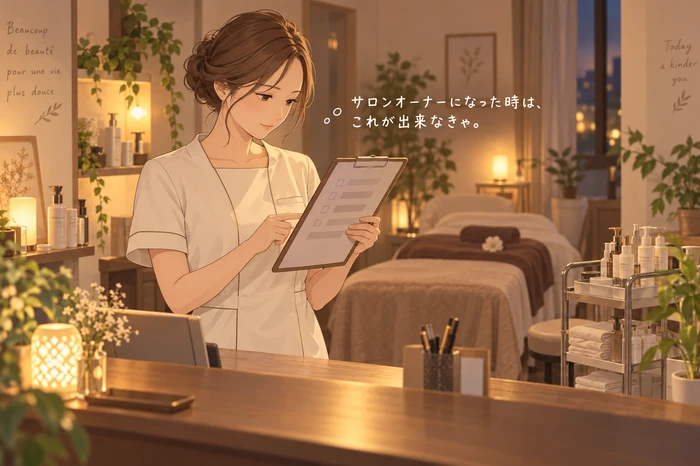 閉店後のサロンで女性オーナーがチェックリストの未チェック欄を指差して確認している画像