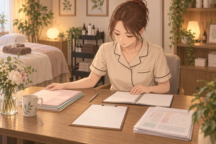 個室サロンの机で女性エステティシャンが独立判断用のメモと開業準備リストを別々に置いている画像