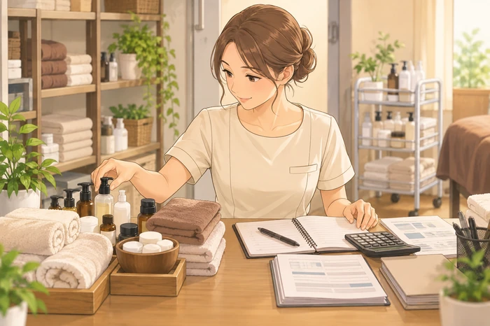 サロンバックヤードで女性エステティシャンが施術道具と帳簿類を並べ、担当範囲の違いを確認している画像