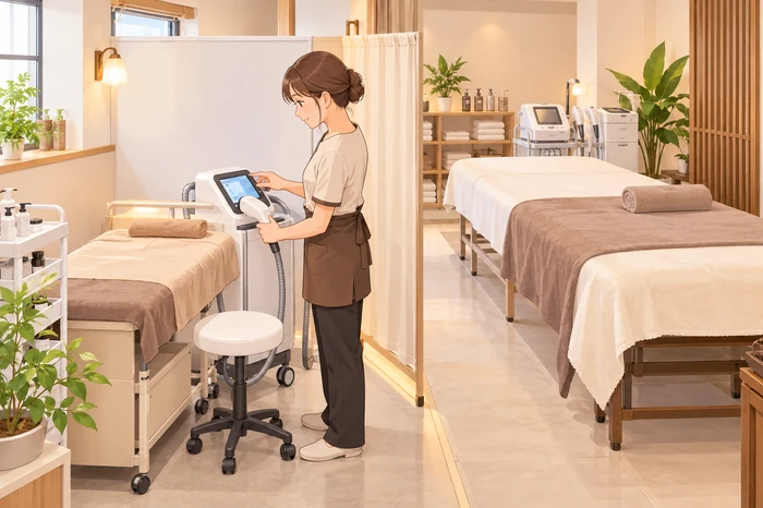 小さめの機器と簡素な内装で、施術内容や接客がどう変わるかを想定している女性オーナーの画像