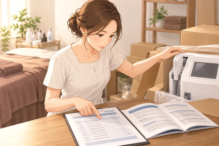 美容機器の見積書と公募要領を並べて機器が補助対象になるか確認する女性サロンオーナーの画像