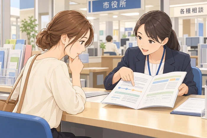 市役所や実施主体の窓口で公募要領の対象期間や事前承認の可否を確認する女性サロンオーナーの画像