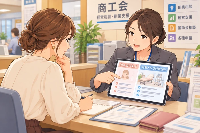 商工会や窓口で相談しながら、自分が申請対象かとどの費用が対象になるかを確認する女性サロンオーナーの画像