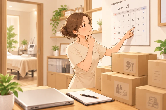 開業日を示すカレンダーと 箱や備品を前に、開業時期の見直しを考える女性オーナーの画像