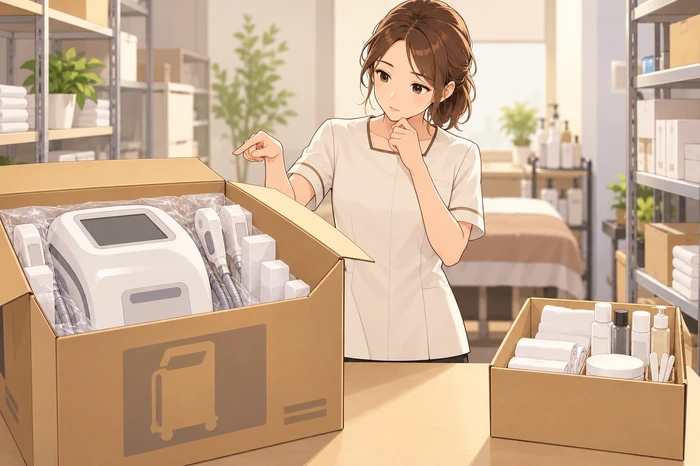 大型の美容機器の箱と小さな備品を見比べて、今支払うべきか後回しにするかを考える女性オーナーの画像
