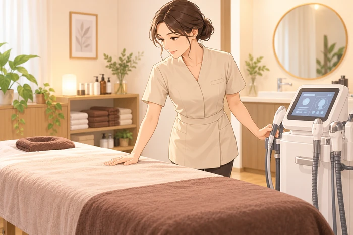 施術ベッドと美容機器を確認し、安全に施術できるかを判断している女性オーナーの画像