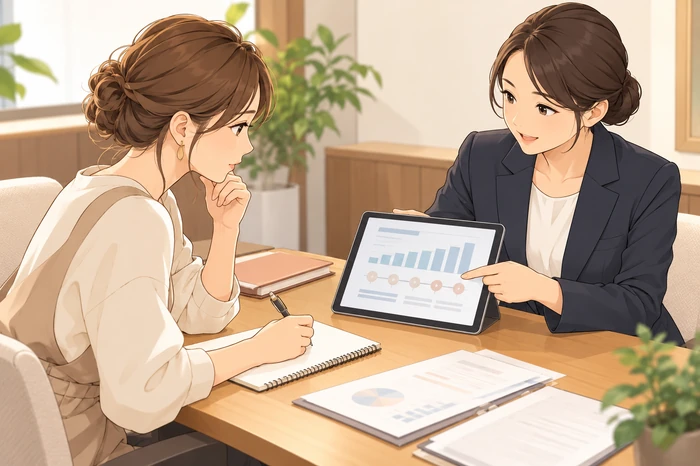 女性オーナーが金融担当者と向かい合い、抽象的な返済スケジュールを示すタブレットを見ながら返済負担を確認する画像