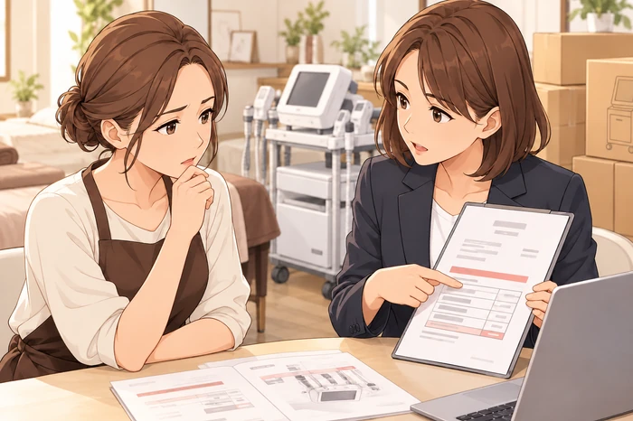 美容機器の販売担当者と納期や請求期限を確認し、補助金の入金時期とのずれを指摘される女性サロンオーナーの画像