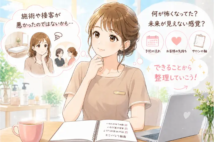 キャンセルが続くことで先の見えない不安が膨らむ中、今の状態を整理して冷静に見つめ直す大切さを伝える画像