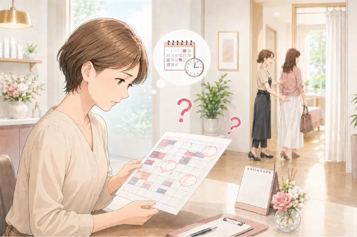 予約が入っていても空いている時間ばかりが気になり、不安が強くなるサロン経営の心理状態を表した画像