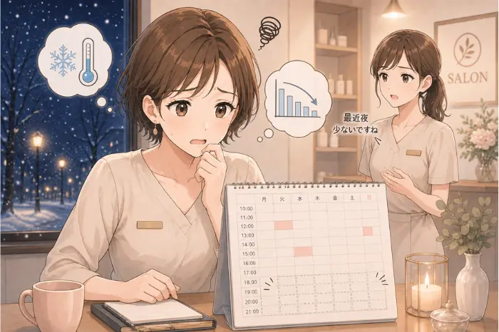 サロン予約が急に減ったように見えても、来店周期やタイミングのずれが影響している状況を表す画像