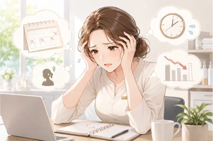 キャンセルが続くサロンで未来への不安が膨らむ中、気持ちの動きと現実を整理して落ち着いて向き合う大切さを伝える画像