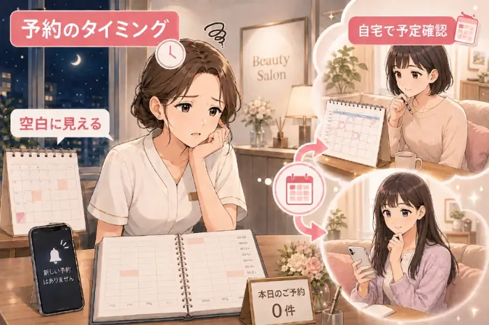 サロン予約が急に減ったように見えても、実際はまだ予約が入っていない状態を伝える画像