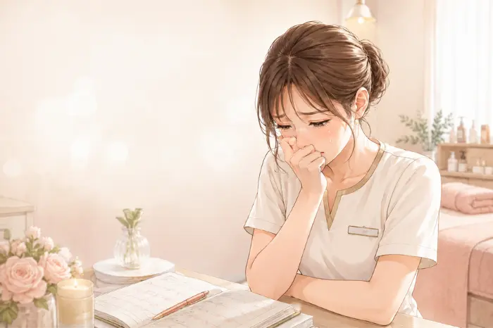 今月は予約や売上が安定していても、来月以降の見通しに不安を感じるサロン経営者の悩みを表現した写真