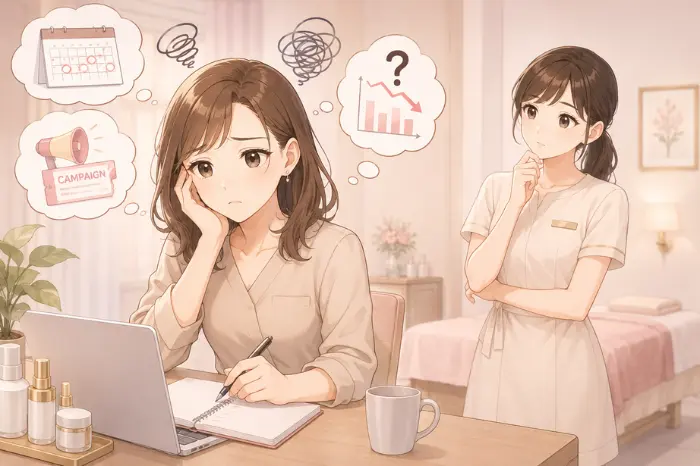 個人サロンオーナーが毎月同じ時期に感じる将来への不安や感情の変化を考える様子を表現したイメージ
