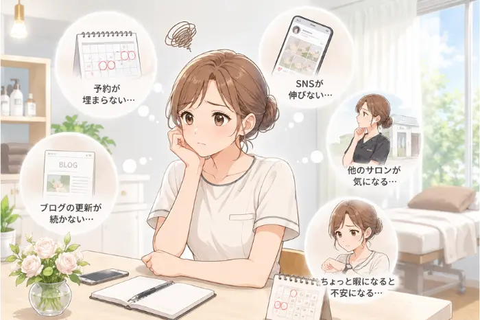 個人サロンで売上や予約以外にも日々の小さな負担が積み重なる不安要因や心の状態を表したイメージ