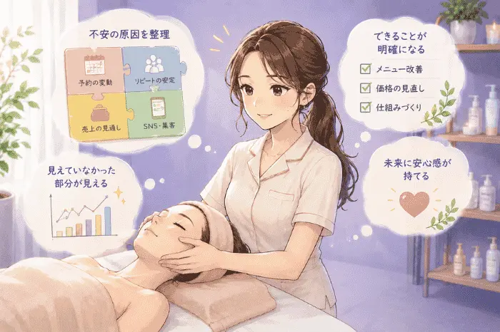 サロン経営の不安が消えない原因を整理し、安心して進む方向性や学ぶ意味を見つめ直す大切さを伝えるイメージ