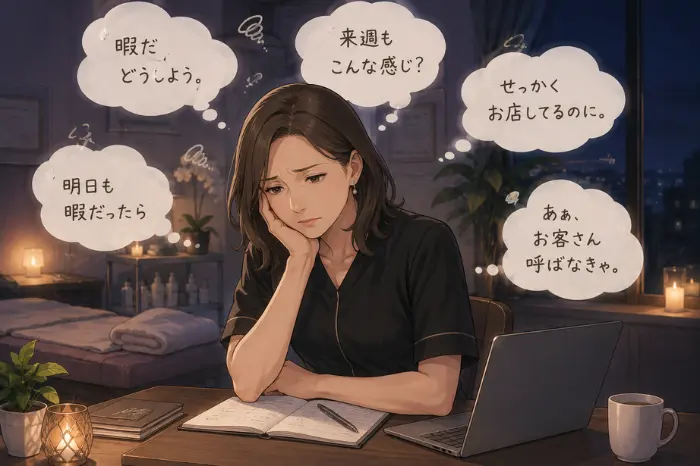 サロンの空き時間に不安を感じた時に、目の前の状況だけでなく自分の思考や言葉を整理する大切さを伝えるイメージ