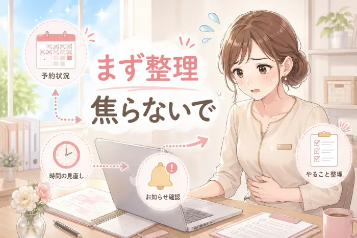 サロン予約が急に減った原因を探る前に、来店人数や予約時期の変化を整理する大切さを伝える画像
