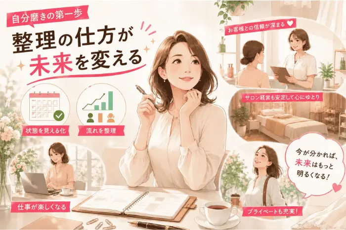 予約がない不安を抱えるサロンで、焦る前に経営状況を整理し現状を見直す必要性を伝えるイメージ
