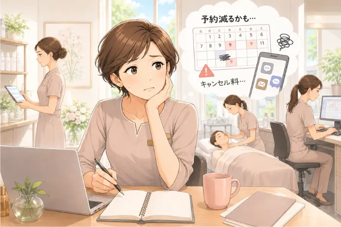今月の数字だけで判断せず、次回予約や来店周期など先の流れを把握する重要性を伝えるサロン経営イメージ
