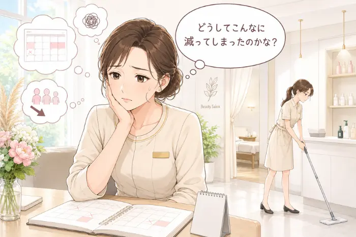 サロン予約が急に減った時に、予約数だけでなく見慣れた予約表との違いが不安を大きくすることを表す画像