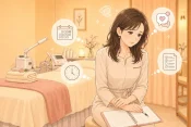 個人サロンで毎日不安を感じながら、予約対応やSNS更新、サロン経営の悩みを一人で抱えるサロンオーナーの心理状態を表した画像