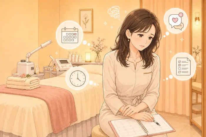 個人サロンで毎日不安を感じながら、予約対応やSNS更新、サロン経営の悩みを一人で抱えるサロンオーナーの心理状態を表した画像