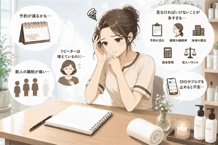 サロン経営で不安を感じる背景に、売上以外の集客や経営負担が関係していることを伝える写真