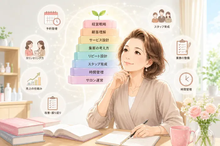 予約表やSNSを頻繁に確認して不安を感じるサロンオーナーに向けて、経営整理と学びの重要性を伝える写真