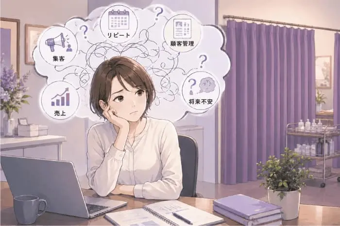 サロン経営で不安を感じる時に、売上だけでなく集客や顧客管理まで整理して見直す大切さを伝えるイメージ