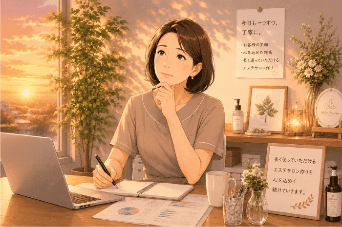 サロン経営で常に不安を感じる人が、お客様と将来の経営に真剣に向き合う姿を表す画像