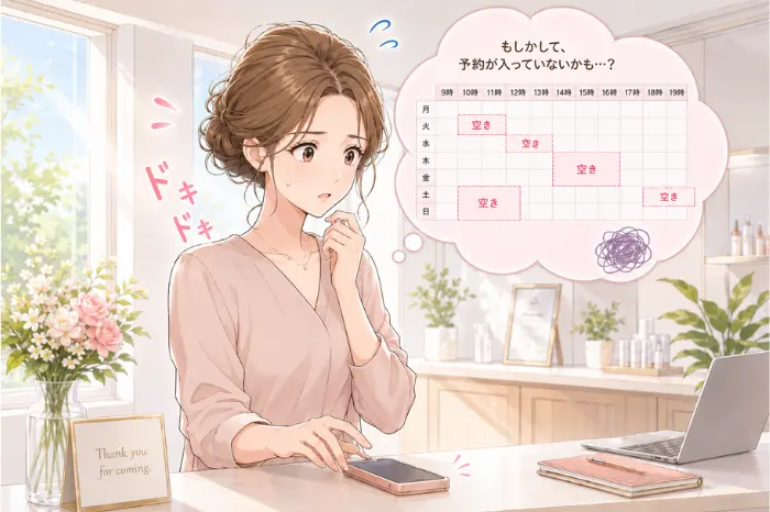 予約表を開くことに不安を感じるサロン経営者が、未確認の未来を先回りして考えてしまう心理を表した画像