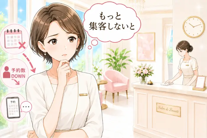 予約が減るエステティックサロンで新規集客だけではなく継続状況や来店周期を確認する重要性を伝える画像