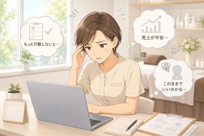 サロンの空き時間に、来月の売上や予約状況まで不安が広がってしまう心理を表現した写真