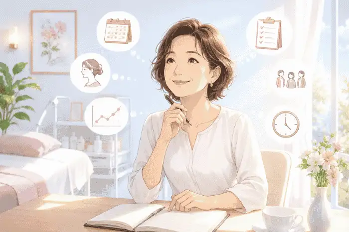 サロン経営で不安を感じる時に、売上や予約状況など見えていない課題を整理する重要性を伝える画像