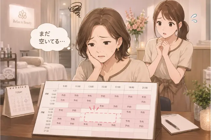予約が入っている日もあるのに空き日程ばかりに意識が向き、不安が大きくなる心理状態を伝える画像