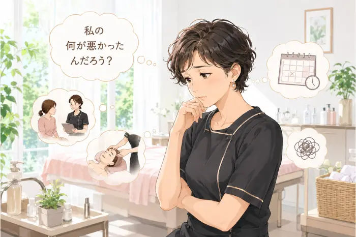 キャンセルが続く中で自分に原因を向けすぎず、施術や接客だけで判断せず現状を整理する大切さを伝える画像