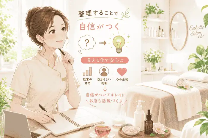 サロン経営で不安を感じる時に、感覚ではなく経営状態を整理して確認する大切さを伝えるイメージ