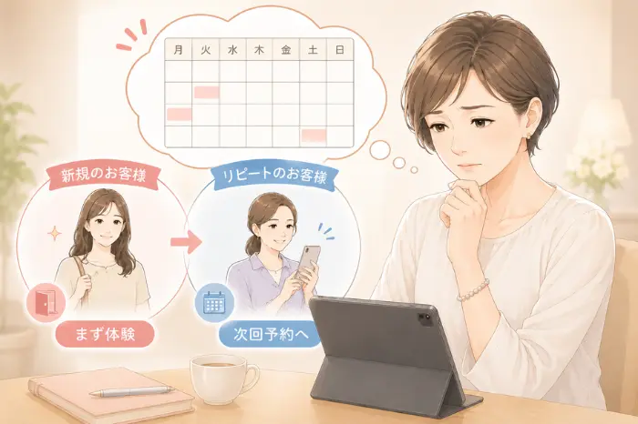 サロン予約が急に減ったように見えても、新規来店から次回予約までの流れが反映前である状況を表す画像