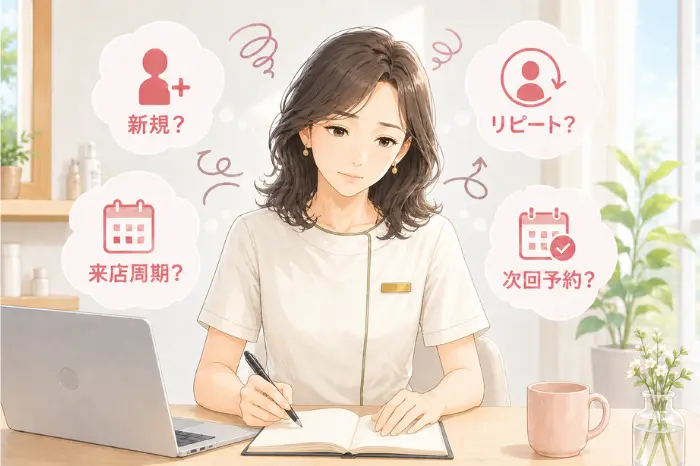 予約が減るエステティックサロンで新規やリピート、来店周期を整理して原因を見つける大切さを表す画像