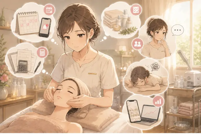 個人サロンで施術に加えて予約管理や運営を一人で抱える負担の大きさを表現した画像