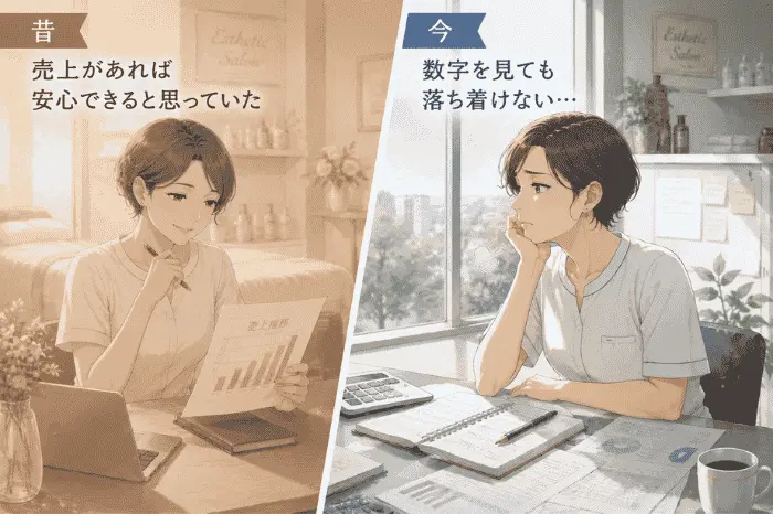 売上があっても将来への見通しが立たず、エステティックサロン経営の不安が続いている状態を表現した写真