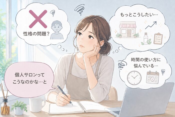 個人サロンで施術に加えて複数の役割を一人で担い続ける負担の積み重なりを表したイメージ