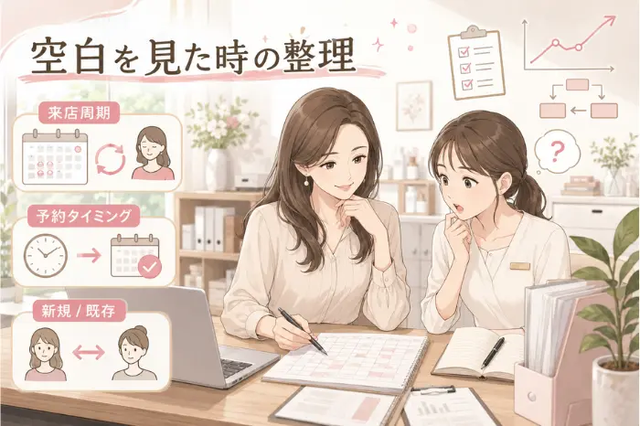 サロン予約が急に減った背景には、来店周期や予約時期など複数要因が重なる状況を表す画像