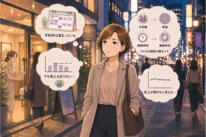 個人サロンの予約枠で売上が伸び悩む時に、予約数を増やす前に今の枠で売上を作れているか確認する大切さを伝える画像