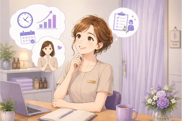 個人サロンの稼働時間に限界を感じた際に、売上の作り方や経営全体を見直す重要性を伝えるイメージ