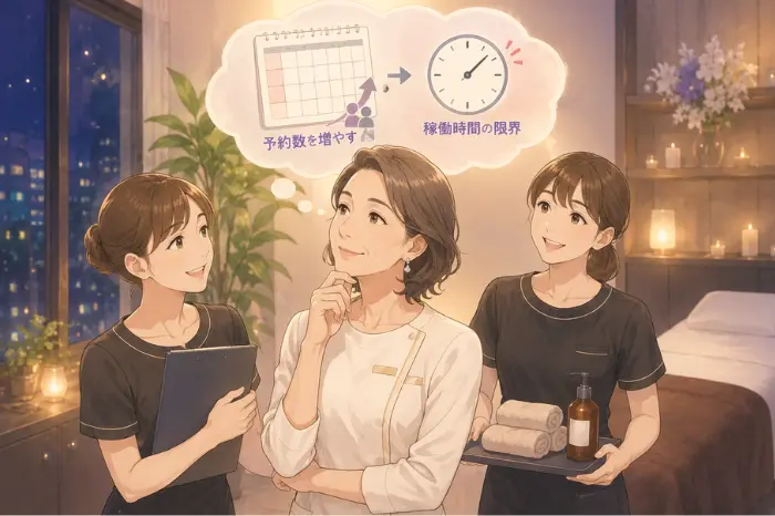 個人サロンの稼働時間に限界が近づいた際に、予約数だけでなく予約枠や運営状況を見直す重要性を伝えるイメージ