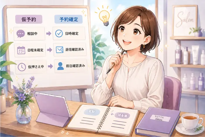 仮予約が増える中で予約確定の基準を整理し、予約相談と分けて管理する重要性を伝える画像
